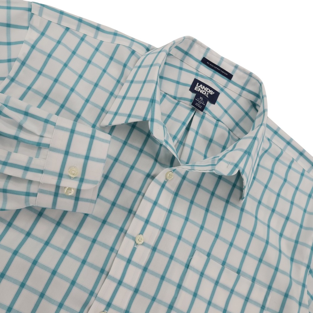 Lands End Mens XL Teal White Check No Iron Supima Pinpoint Button Down Shirt‎